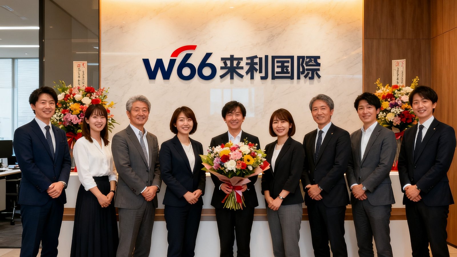 w66来利国际东京办公室开业仪式，团队成员在日本新办公室前台合影留念