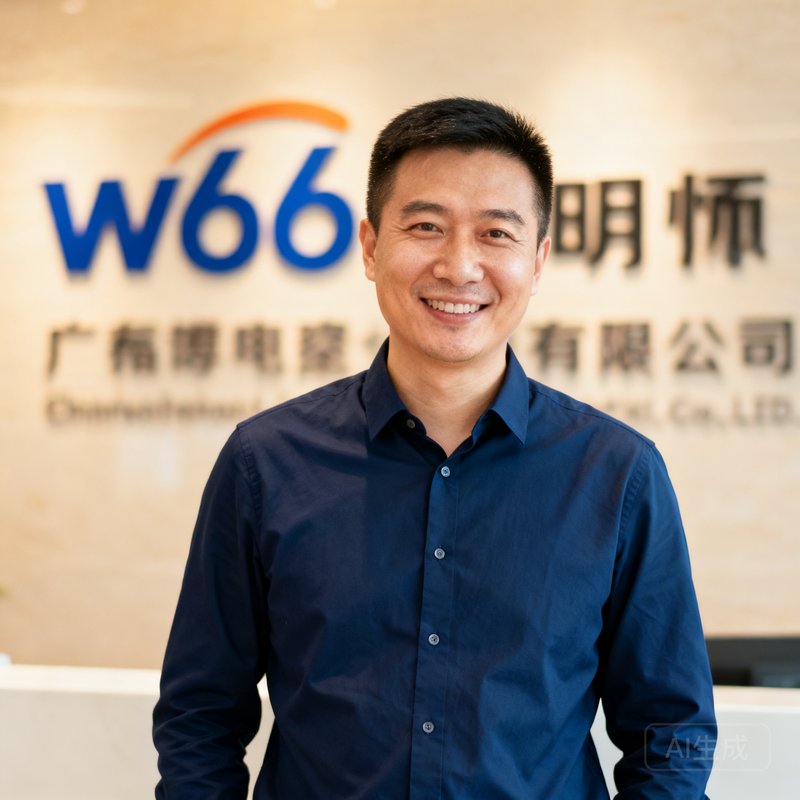 w66创始人周明远，穿着深蓝色衬衫，站在公司Logo墙前微笑，气质沉稳自信