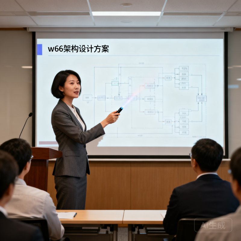 w66首席技术官陈雅文，短发干练女性，在技术会议上讲解架构设计的场景