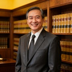 一位穿着职业西装的中年男性律师，面带微笑，背景是律师事务所的书架