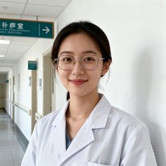 戴着眼镜的年轻女医生，身穿白大褂，站在医院走廊中，背景可见病房指示牌