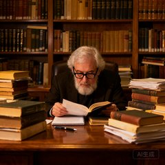 一位头发花白的大学教授，戴着黑框眼镜，坐在堆满书籍的办公室里认真阅读资料